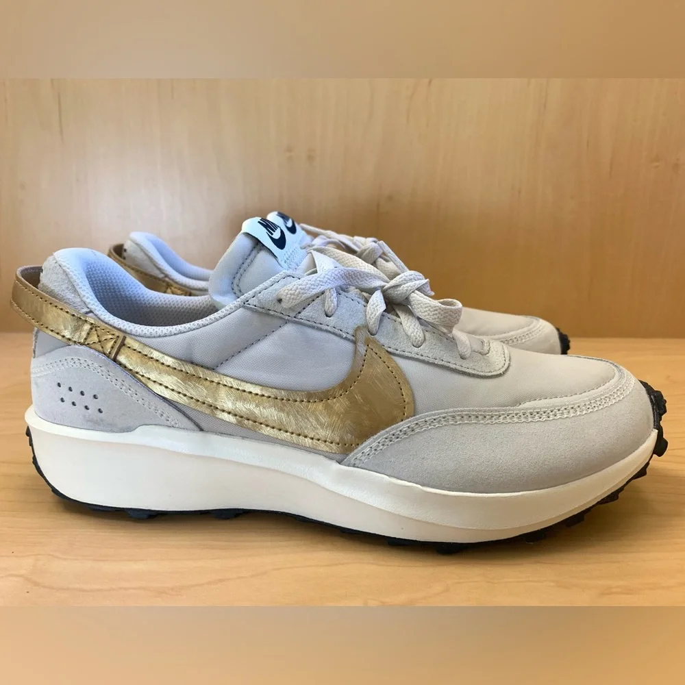 Nike Women's Light Gray Sneakers with Mustard Swoosh